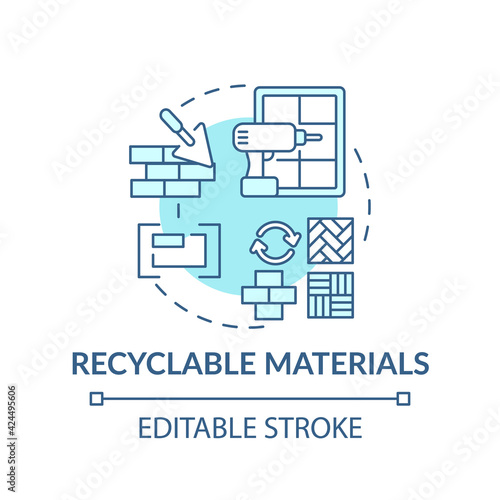 Recyclable materials concept icon. Future office building idea thin line illustration. Building projects. Beneficial uses in construction. Vector isolated outline RGB color drawing. Editable stroke