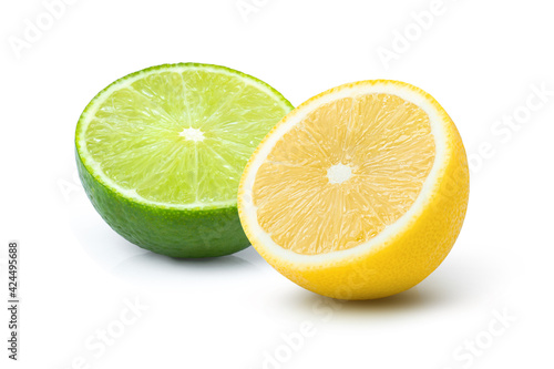 Fresh lemon and lime fruit half sliced isolated on white background.