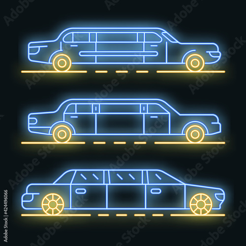 Limousine icons set. Outline set of limousine vector icons neon color on black
