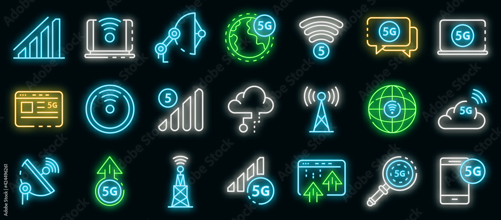 5G technology icons set. Outline set of 5G technology vector icons neon ...