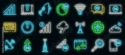 5G technology icons set. Outline set of 5G technology vector icons neon color on black