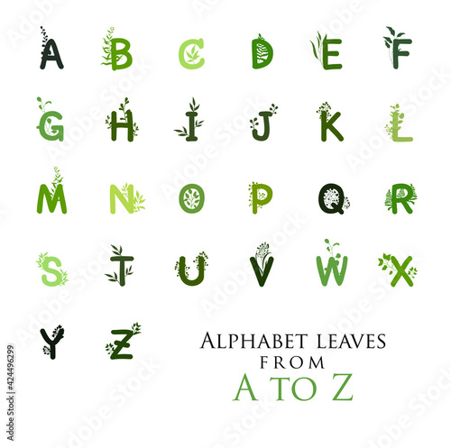 English alphabet. Set of letters decorated with green leaves. Isolated elements on a white background. Watercolor hand drawing.