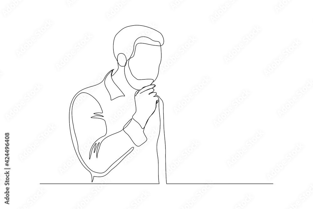Continuous line drawing of young pensive male standing looking away against. Single one line drawing of standing man thinking. Vector illustration