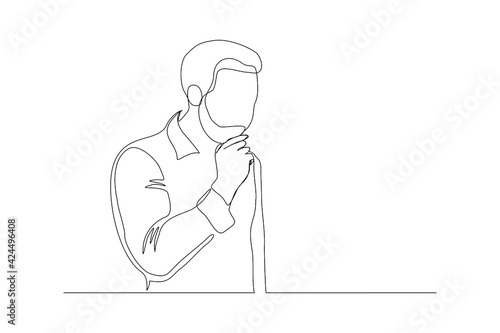 Continuous line drawing of young pensive male standing looking away against. Single one line drawing of standing man thinking. Vector illustration