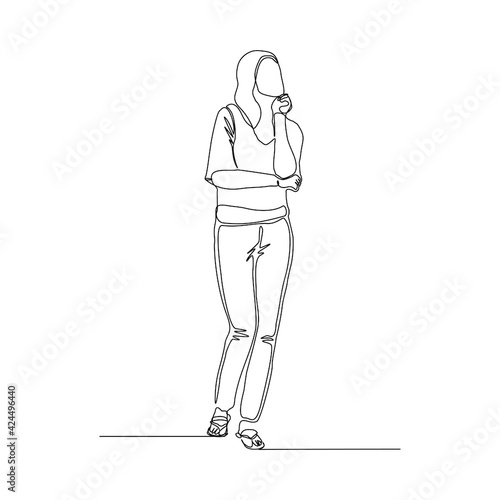 Continuous line drawing of beautiful pensive female standing looking away against. Single one line drawing of standing woman thinking. Vector illustration