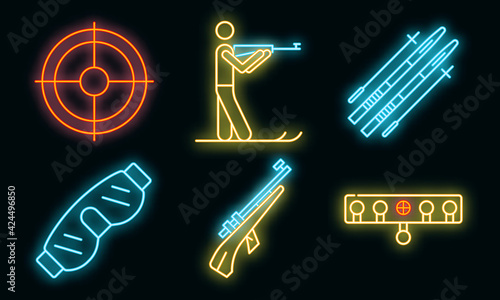 Biathlon icons set. Outline set of biathlon vector icons neon color on black