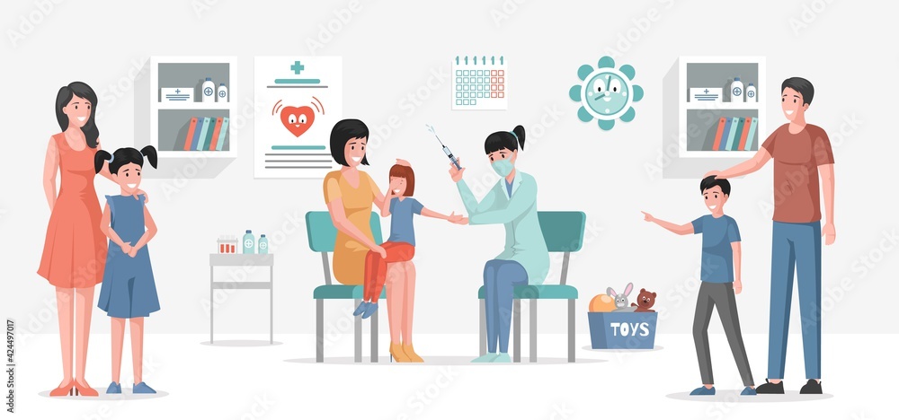 Vaccination of children against different diseases vector flat cartoon illustration. Mothers and fathers with kids in hospital waiting for their turn for injections. Immunity health concept.