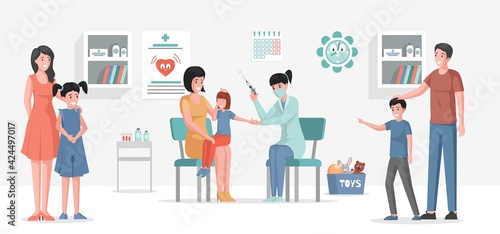 Vaccination of children against different diseases vector flat cartoon illustration. Mothers and fathers with kids in hospital waiting for their turn for injections. Immunity health concept. © Pavlo Plakhotia