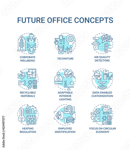 Future office concept icons set. Corporate wellbeing idea thin line RGB color illustrations. Adaptable interior lighting. Data-enabled customization. Vector isolated outline drawings. Editable stroke