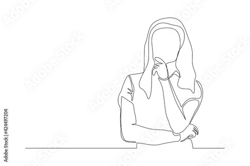 Continuous line drawing of beautiful pensive female standing looking away against. Single one line drawing of standing woman thinking. Vector illustration