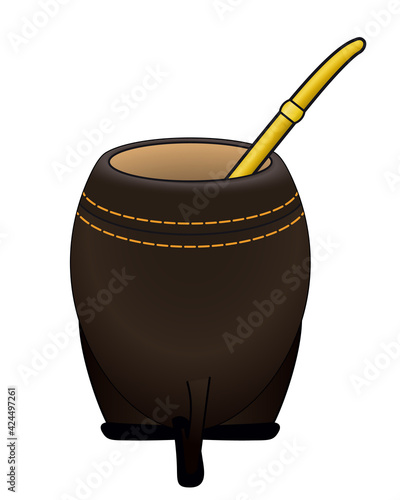 Yerba Mate Tea. Decorated Calabash for Argentine Tradition Beverage