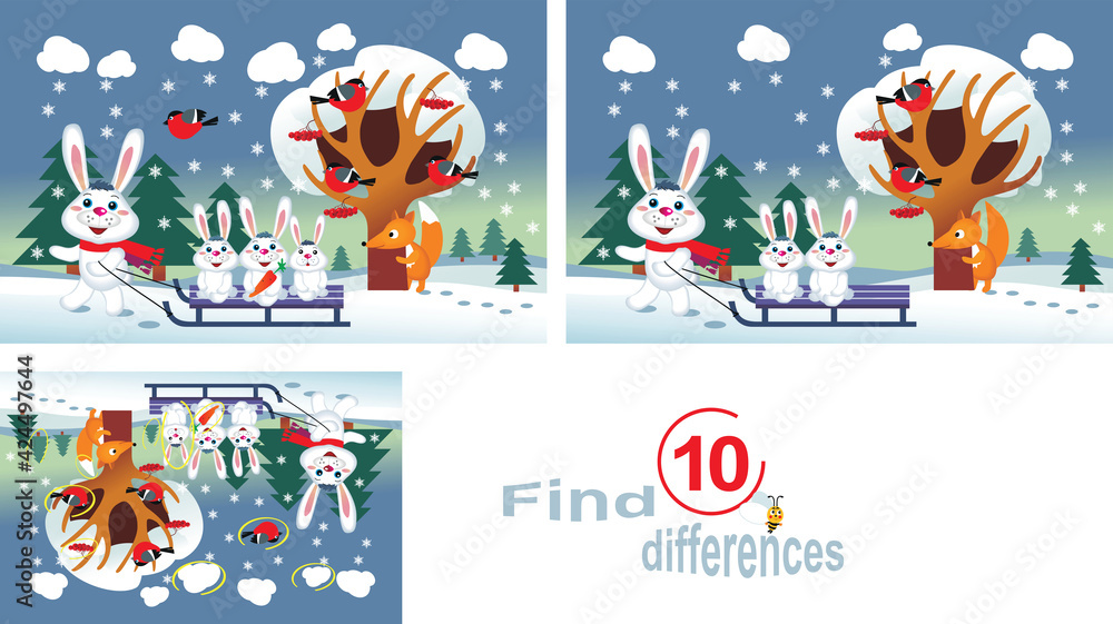 Winter.Rabbits in the woods. Find the 10 differences.