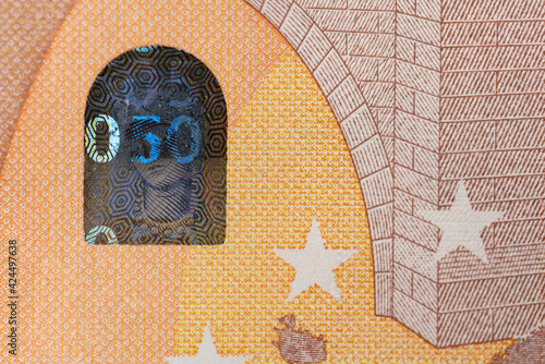 Closeup of 50 Euro banknote, Design of new 50 Euro Bills. European Money Fifty Euros. European Union Monetary Union. Hologramm as safety feature