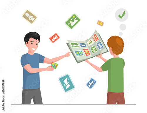 Happy smiling boys collecting postmarks vector flat illustration. Children playing together. Kids holding book with postage stamps with cars, mountains, figures. Philately hobby concept.