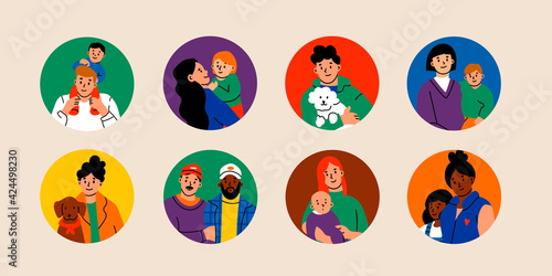 Various Families. Family portraits. Social media Round icons or avatars. Hand drawn colored Vector illustrations. Parents, children, relatives, friends, partners. Togetherness, parenting concept