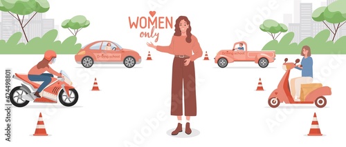 Driving school for women only vector flat banner design with text space. Young happy women driving motorcycles, cars, trucks, and scooters and learning traffic rules for passing driver license exams.