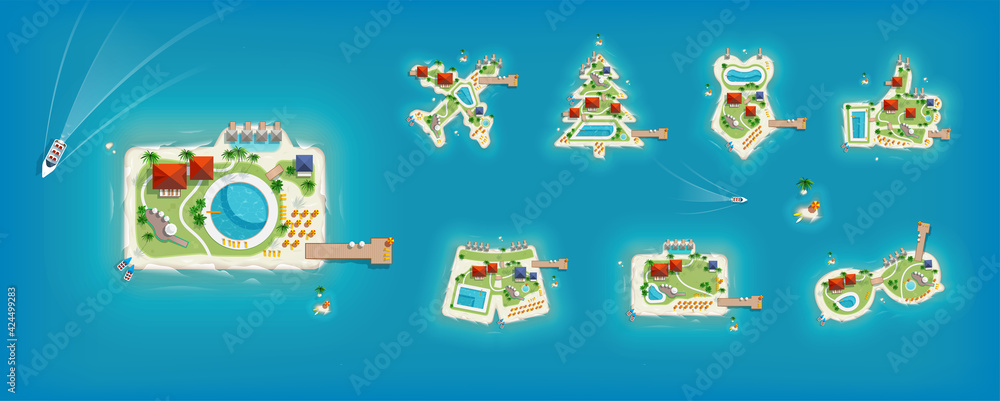 Big set with Top view Island in the form of a camera, aircraft, shorts, suitcase, sunglasses, swimsuit and Christmas tree for Travel and tourism design. Big set with Top view Island in the form of a camera, aircraft, shorts, suitcase, sunglasses, swimsuit and Christmas tree for Travel and tourism design.