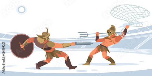 Warriors fighting in the arena of gladiators. Gladiator murmillo Gladius and a retiarius with net and Trident in the arena. Vector isolated illustration. Flat cartoon style