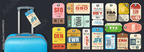 Big set or Retro travel luggage labels, airline tags and baggage tickets. Collection vintage luggage tags. photo