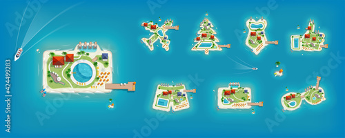 Big set with Top view Island in the form of a camera, aircraft, shorts, suitcase, sunglasses, swimsuit and Christmas tree for Travel and tourism design.