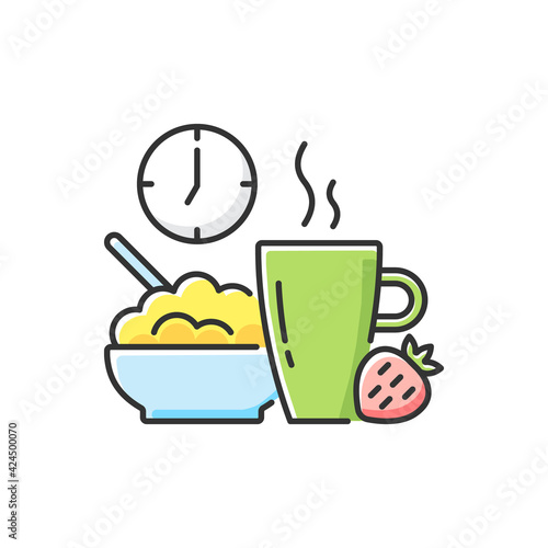 Healthy breakfast RGB color icon. Start of day with nutrient meal. Oatmeals for lunch. Vitamin dense food. Balanced diet. Nourishment and health improvement. Isolated vector illustration