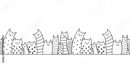 Outline doodle Funny Cats Family seamless border. Horizontal vector pattern. Cute different kittens sitting in a row. Сartoon animal, pets. Hand drawn texture for kid print, wear, textile, footer