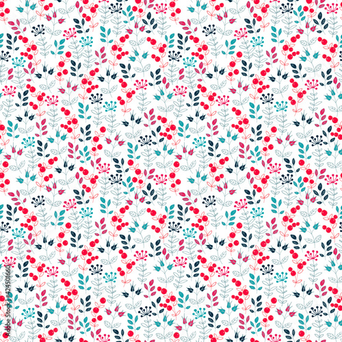 Seamless pattern with flowers and berries.