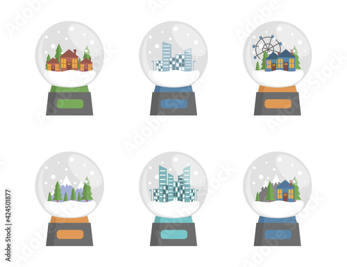 Set of glass snow globes with city landscape, villages, forest, buildings vector flat illustration. Glass spheres with snowflakes, souvenirs from trips, home decorations, toys concept.