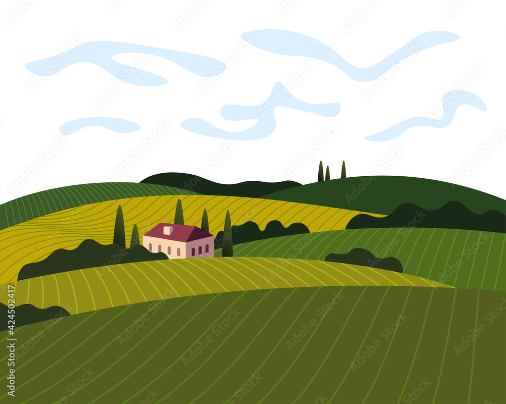 Vineyard wine grapes hills farm poster concept. Romantic rural landscape in sunny day with villa, vineyard fields, plantation hills, farms, meadows and trees. Vector color banner illustration