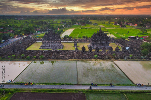 Aerial view of Plaosan temple at sunset, Bugisan, Prambanan, Klaten, Central Java, Indonesia photo