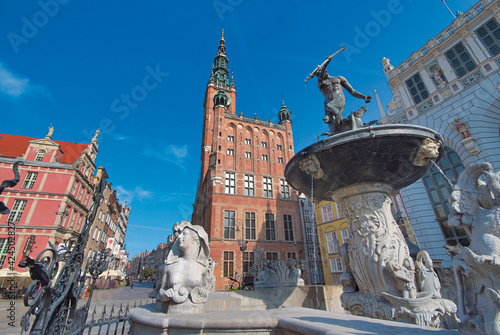 Gdansk Town Hall and Neptune's Fountain statue, Poland