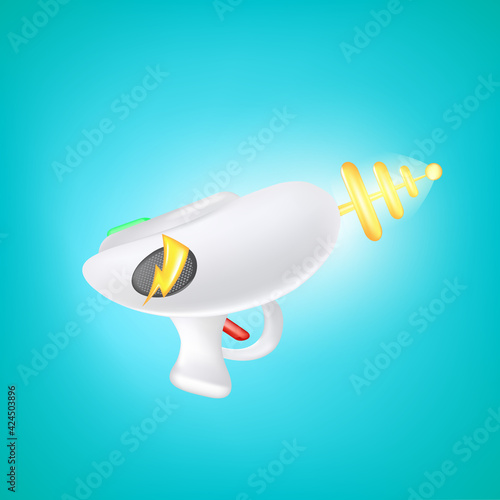 Cartoon kids toy blaster laser gun isolated on turquoise background. Retro game label or icon with vintage space laser pistol gun