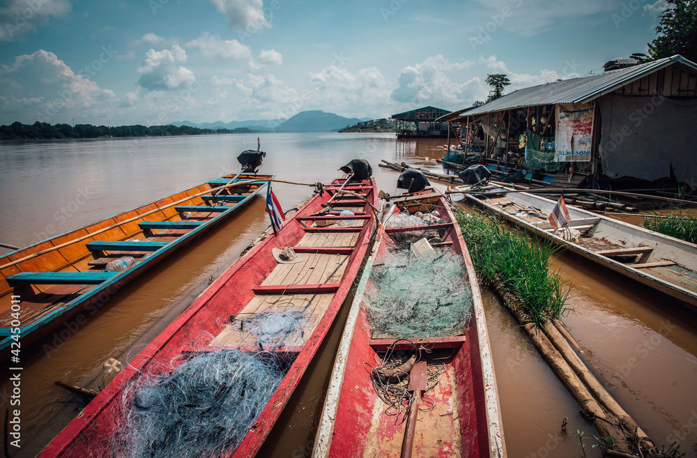Local fishing boats in the Mekong River, Chiang Khan District, Thailand