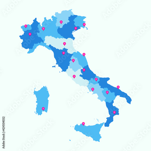 Italy map with pins on major Italian cities
