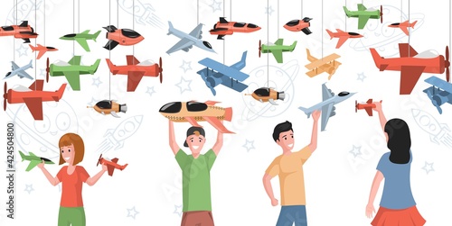 Happy smiling kids playing with toy airplanes vector flat illustration. Young boys and girls holding rockets in hands. Different colorful planes, space ships, jets, aircrafts for children.