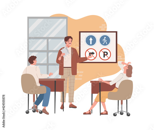 Man and woman sitting in classroom, learning driving theory, road signs, traffic rules vector flat illustration. Male character teaching drivers on driving lessons. People pass or prepare for exams.
