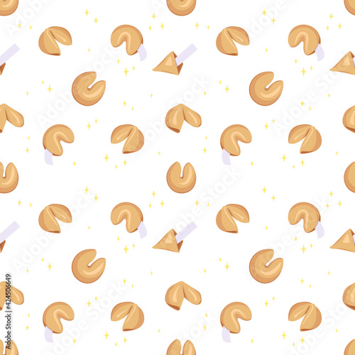 Seamless pattern with chinese fortune cookies. Set of bakery elements. Cute print of delicious sweets and pastries for bakery, holiday and new year