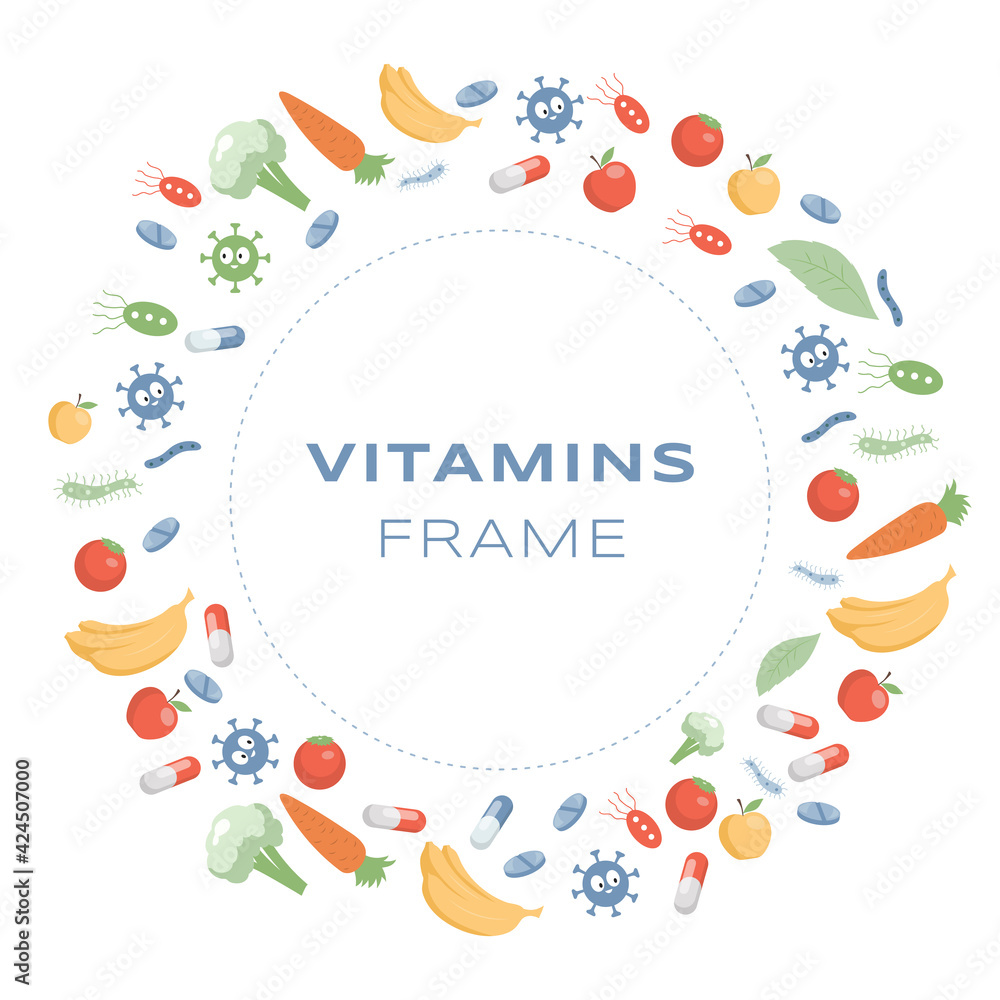 Vitamins round frame vector flat cartoon illustration. Supplements and minerals for health and active lifestyle. Carrot, apple, pear, tomato, broccoli, and banana with bacteria and microflora.