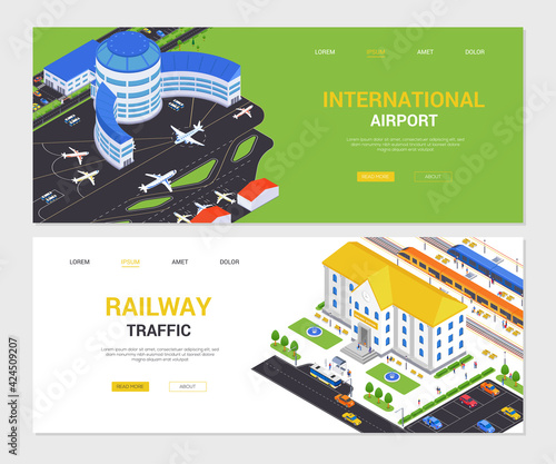 International airport and railway traffic - isometric web banners