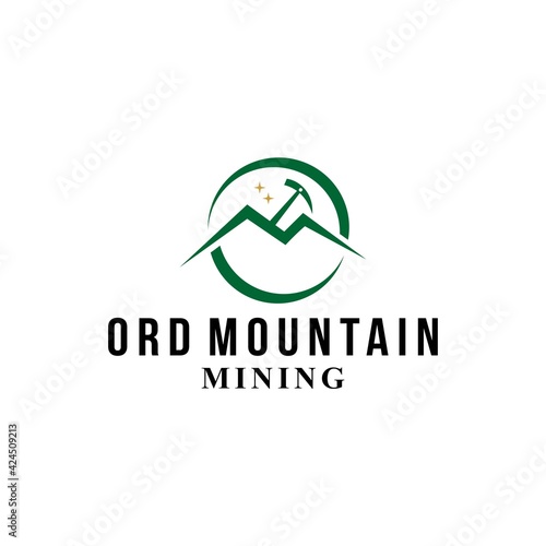 peak ord mountain logo design with digger mining vector illustration