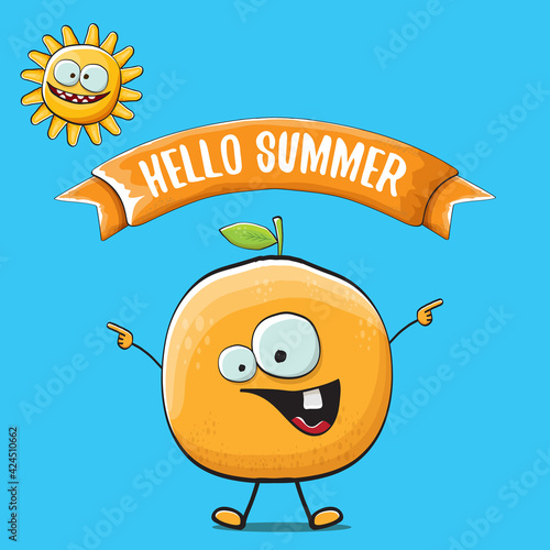 Hello summer concept with cartoon orange character and sun isolated on blue background. vector citrus fruit summer food character
