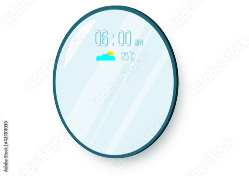 Ellipse shape smart mirror with digital time, weather icon, and temperature on white background.