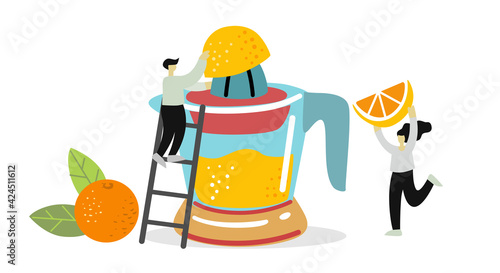Two people pick fruits and berries for juice or smoothies in juicer. Summer beverages with tiny man and woman cartoon 
