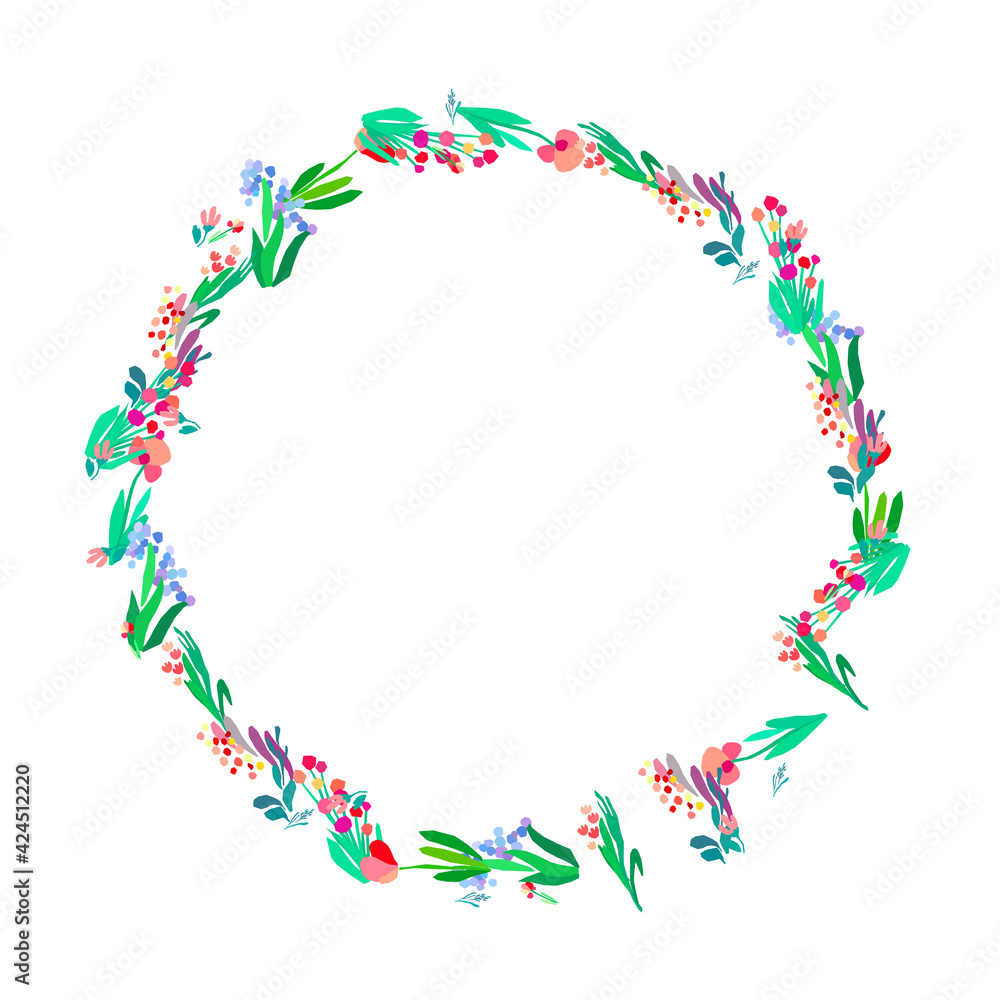 Floral wreath on white background. Bright colorful spring flowers. Vector floral frame template.