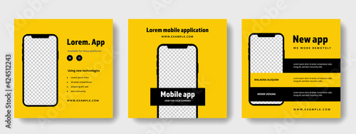smartphone mockup square layouts for social media, yellow graphic design for instagram and facebook to promoting mobile application
