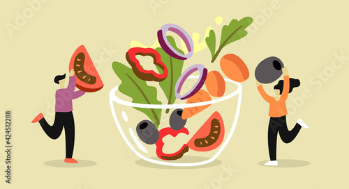 Two people make vegetable salad. Process of cooking vegan food lunch in kitchen. Concept suitable for diet, healthy lifestyle