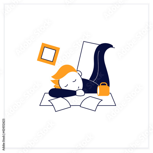 Mess flat icon. Chaos in house. Laziness. Person sleep on desk. Procrastination concept. Vector illustration