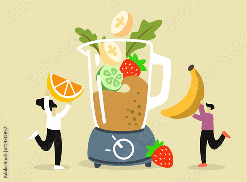 Two people pick fruits and berries for juice or smoothies into mixer or blender. Summer beverages with tiny man and woman cartoon 