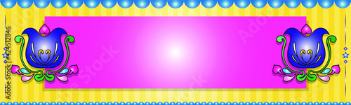Bright and colorful eye catching truck art, tribal horizontal banner background template with traditional floral ethnic motives. Empty space on the vibrant board for your text and artistic elements