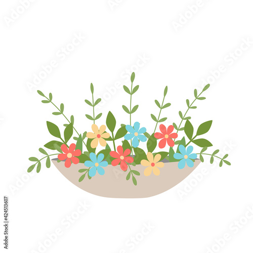 Garden flowers in creative flower beds. Bouquet isolated on white, cute vector illustration.